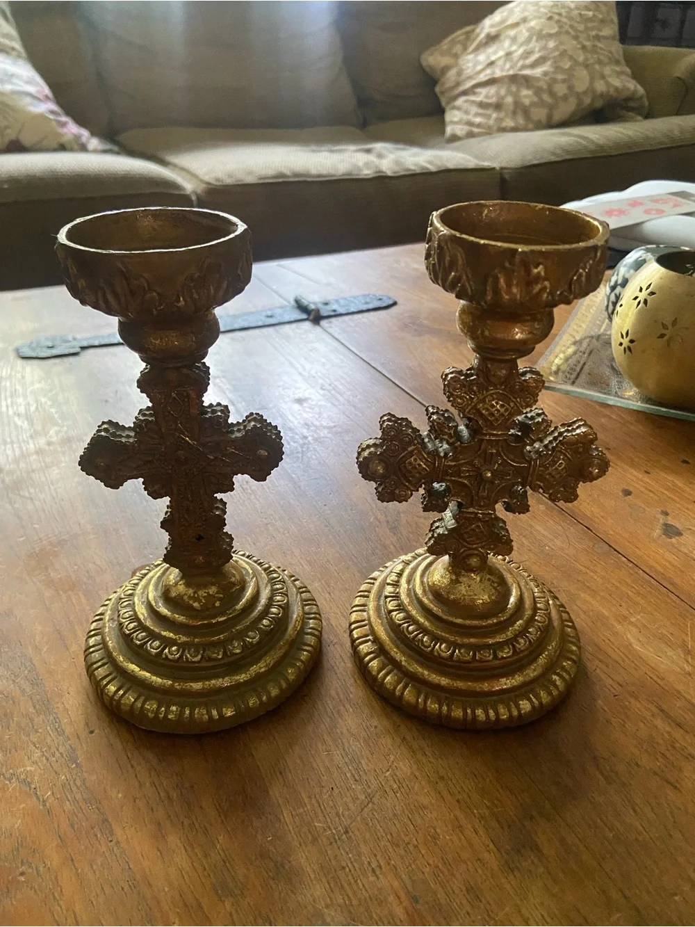 Gold Ornate Cross Candle Holders - Decorative Home Accent